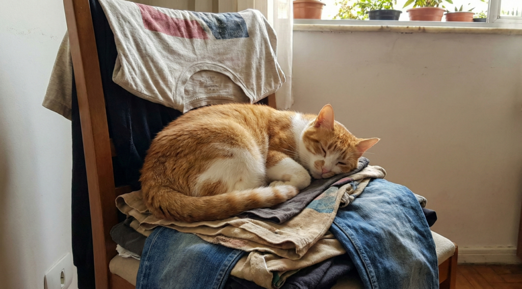 Por que os gatos dormem em cima das nossas roupas e o que isso significa de verdade