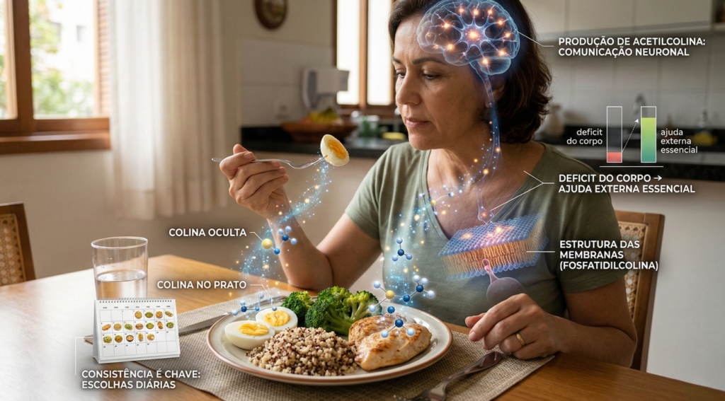 Como aumentar colina na alimentação mesmo sem tempo, com ovos, proteínas e rotina simples que cabe no dia a dia