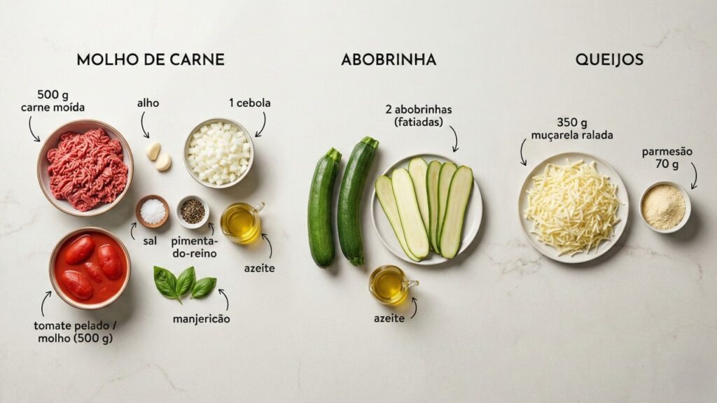 Grelhe a abobrinha e faça uma lasanha leve, firme e suculenta com carne moída e muito queijo
