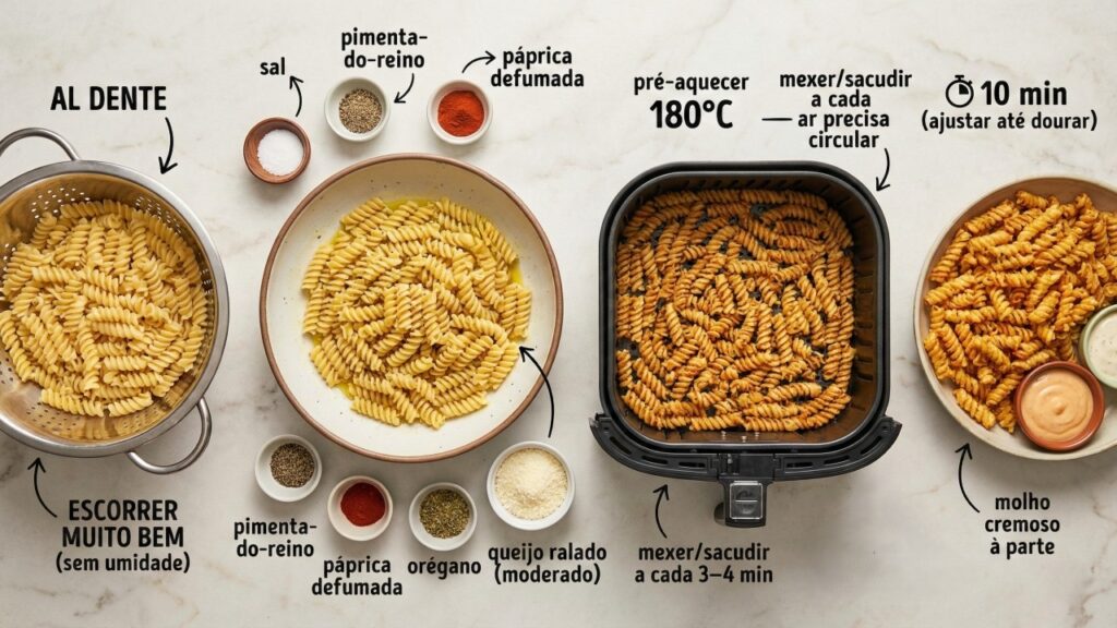Quando testei o salgadinho de macarrão na airfryer, descobri que um detalhe no preparo faz toda a diferença na crocância