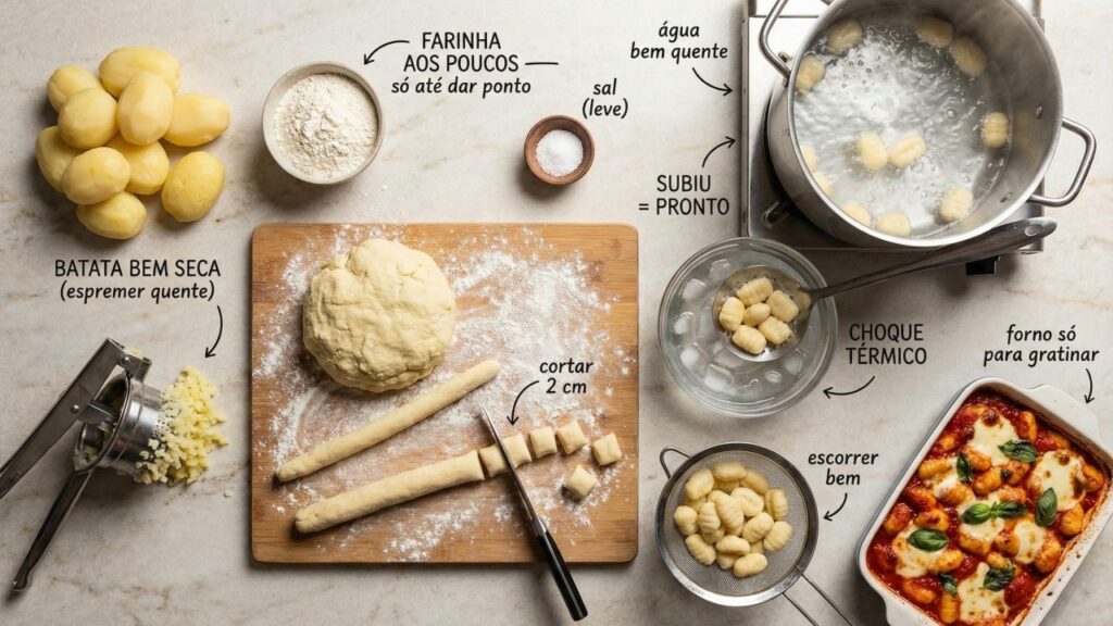 Eu lembro da minha mãe dizendo que nhoque bom não pode ficar pesado, tem que ser leve e manter o formato. Agora, quando eu sinto saudade, eu preparo essa receita com poucos ingredientes