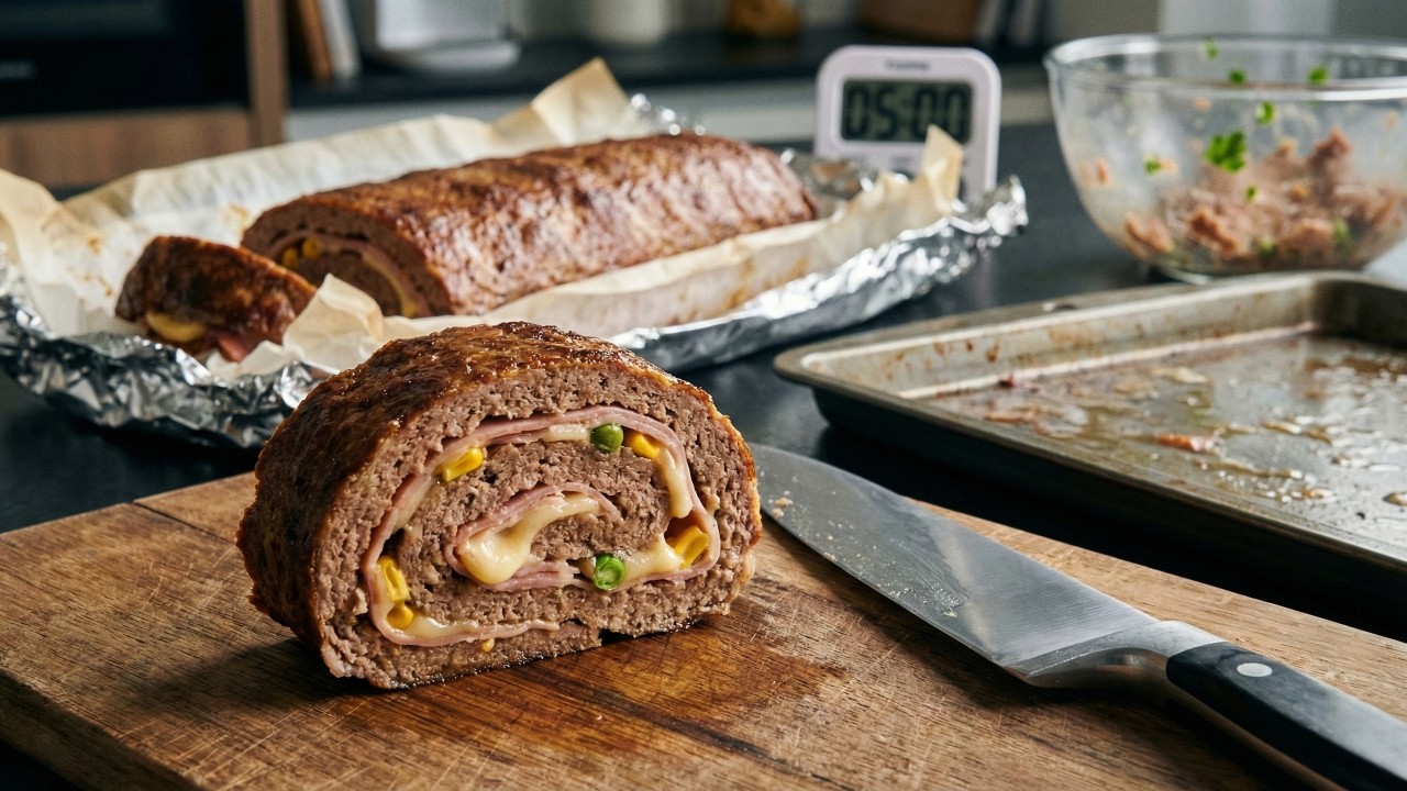 O rocambole de carne moída recheado que fica suculento e bem temperado em 50 minutos