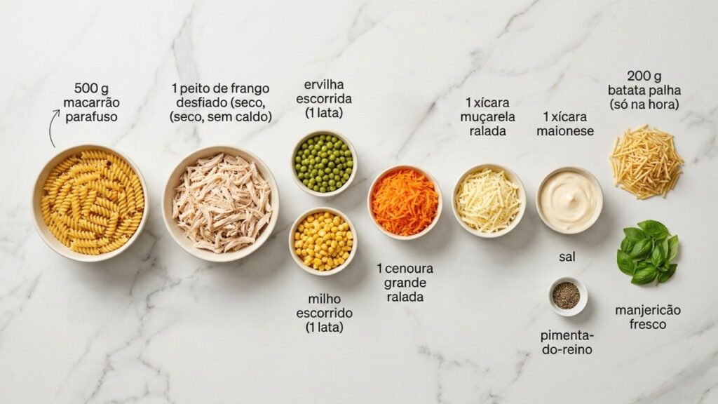 Com macarrão al dente e frango desfiado, você monta um salpicão cremoso e crocante em poucos minutos