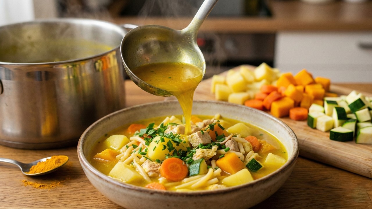 Essa forma de cozinhar a sopa de frango com legumes deixa o caldo bem servido e a textura mais gostosa