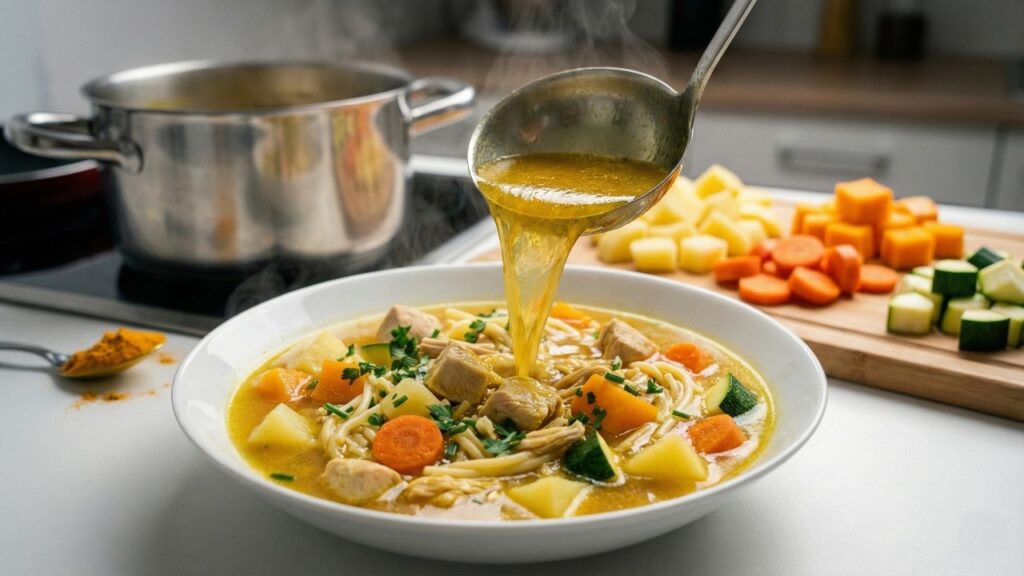 Essa forma de cozinhar a sopa de frango com legumes deixa o caldo bem servido e a textura mais gostosa