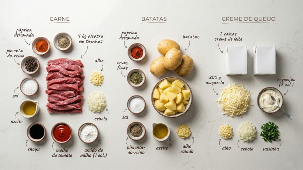 Corte a carne em tirinhas, asse algumas batatas e faça uma refeição completa com creme de queijo irresistível
