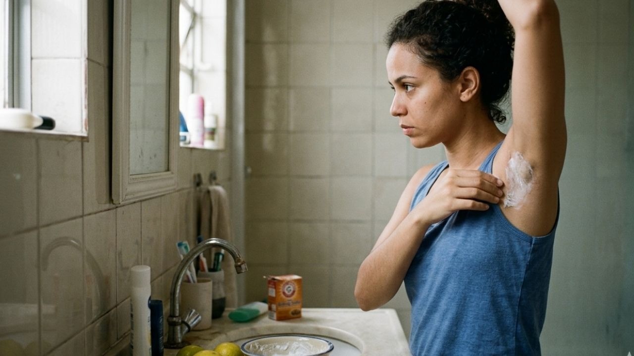 Mulher aplicando pasta branca na axila em um banheiro, com bicarbonato de sódio e limões.