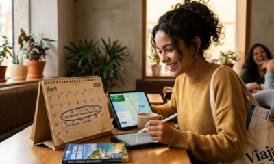 Mulher sorridente planeja viagem de 2026 com calendário, tablet, guia de Ilha Grande e passagem.