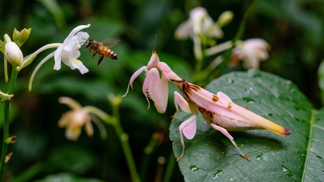 Louva-a-deus-orquídea rosa em folha verde olha abelha voando perto de flor branca.