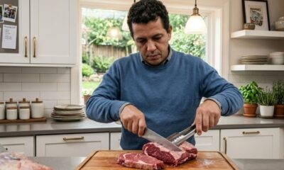 Um homem de suéter azul corta carne crua com faca e pinça em uma tábua de madeira na cozinha.