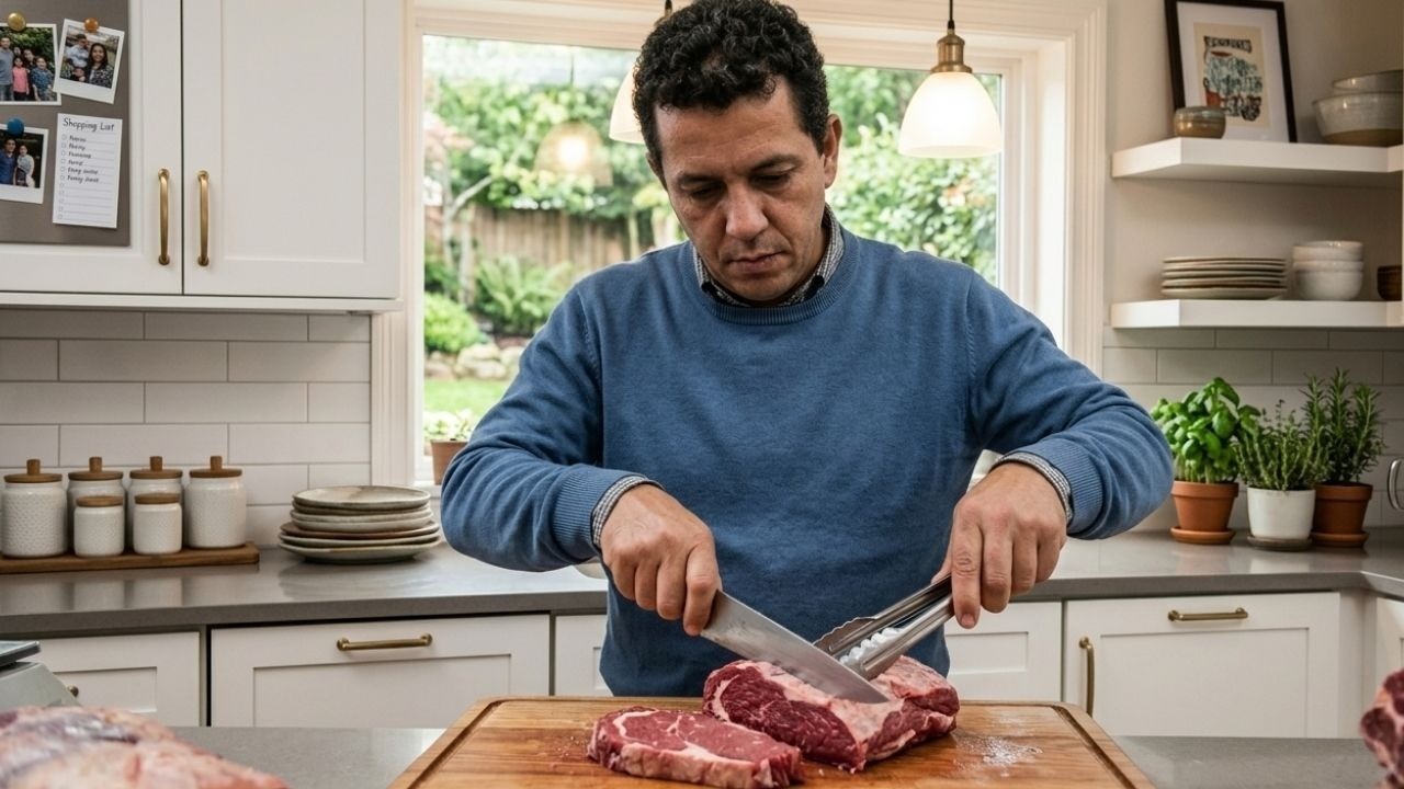 Um homem de suéter azul corta carne crua com faca e pinça em uma tábua de madeira na cozinha.