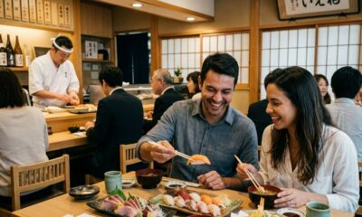 Casal sorridente come sushi e sashimi em restaurante japonês com chef no balcão.