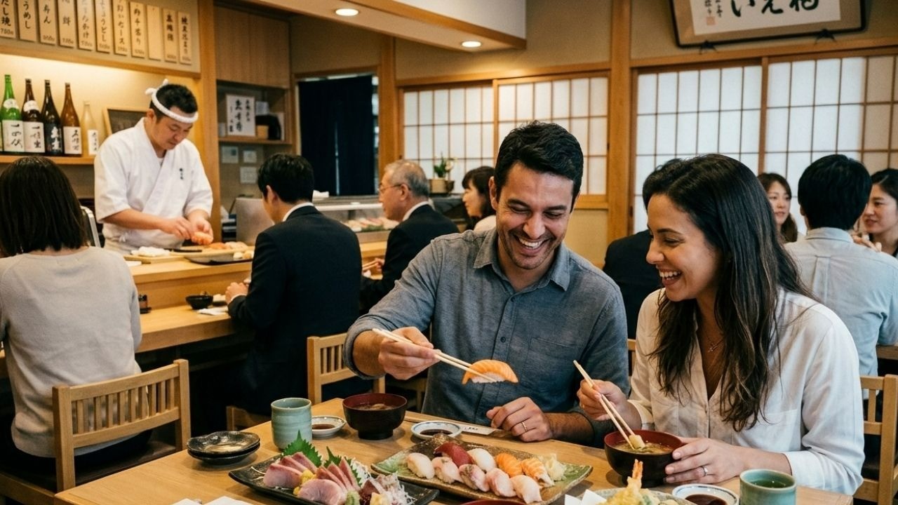 Casal sorridente come sushi e sashimi em restaurante japonês com chef no balcão.