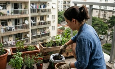 Mulher agacha em varanda, replantando plantas em vasos e floreiras; prédio ao fundo.