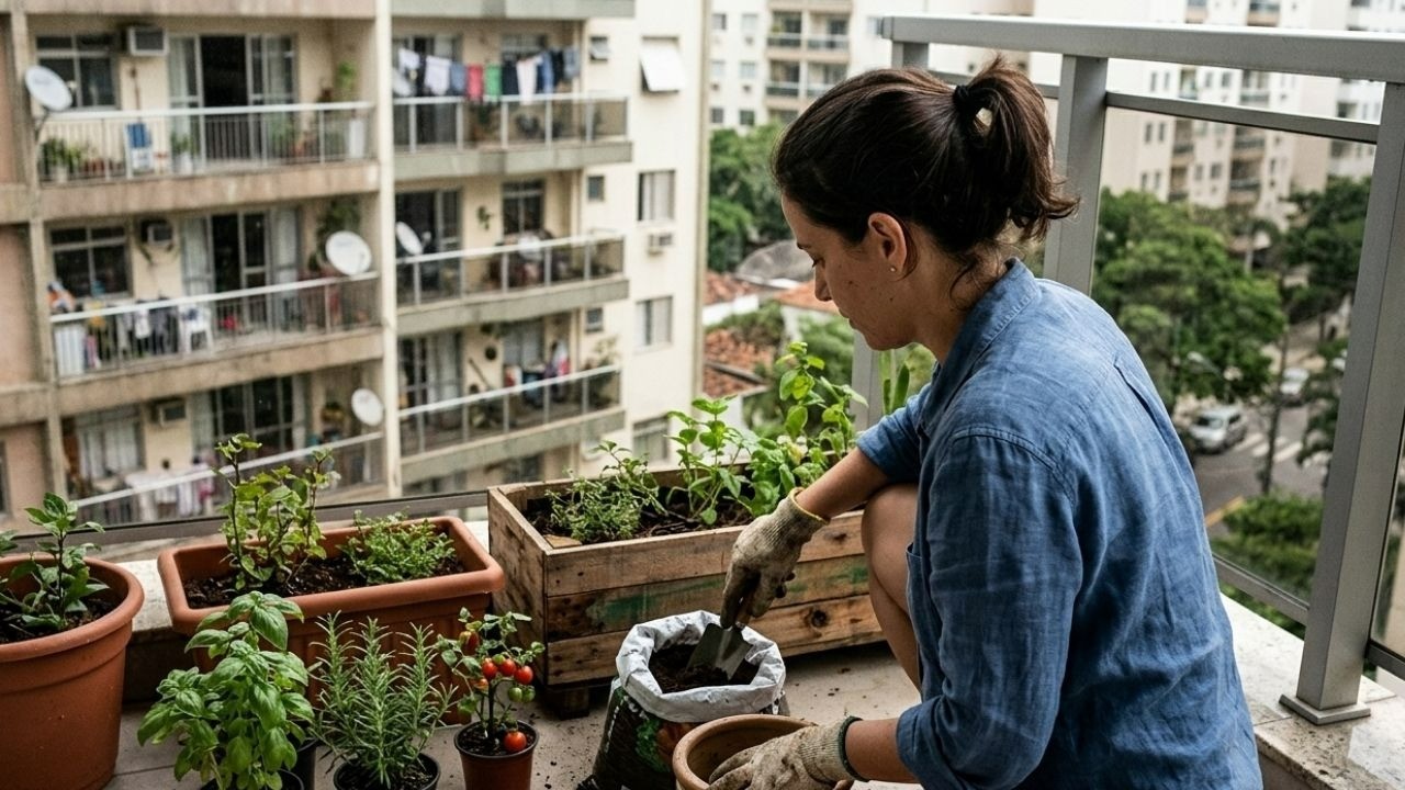 Mulher agacha em varanda, replantando plantas em vasos e floreiras; prédio ao fundo.
