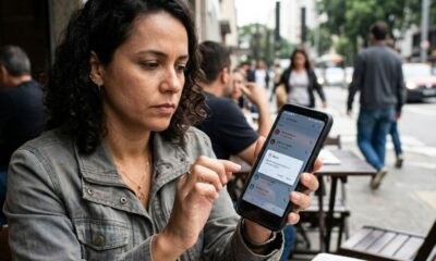 Mulher olha para smartphone, que exibe tela de confirmação para bloquear contato ou número.
