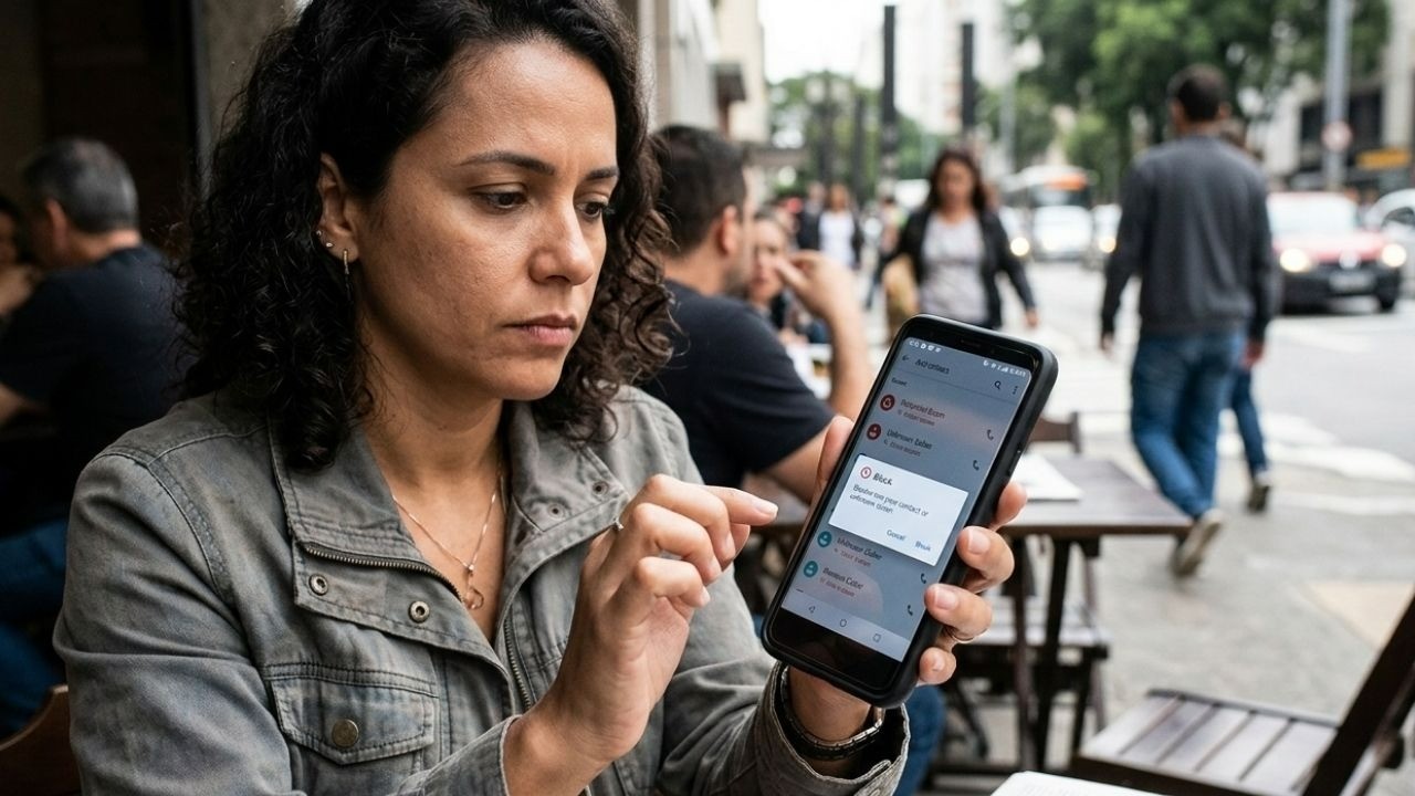 Mulher olha para smartphone, que exibe tela de confirmação para bloquear contato ou número.