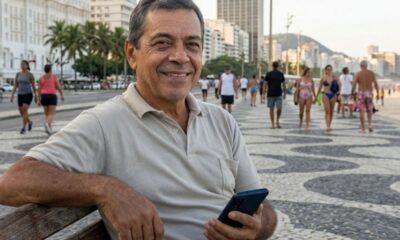 Homem sorridente de meia-idade segura smartphone sentado em banco no calçadão do Rio.