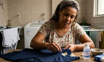 Mulher aplica álcool 70% com cotonete em mancha de camiseta azul escura sobre uma mesa.