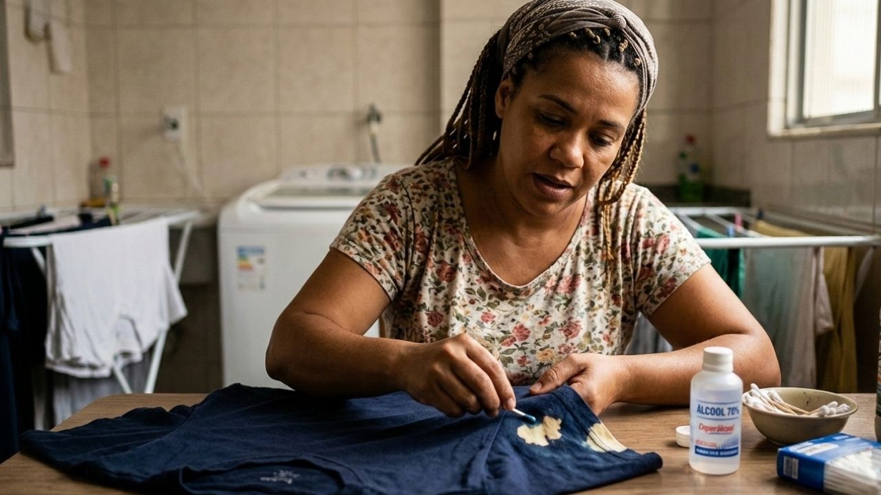 Mulher aplica álcool 70% com cotonete em mancha de camiseta azul escura sobre uma mesa.