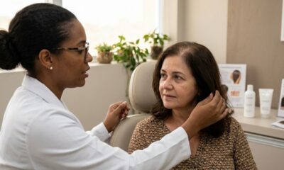 Profissional de saúde examina o cabelo e couro cabeludo de uma paciente em consultório médico.