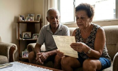 Idosos sentados no sofá analisando conta de luz em sala de estar iluminada.
