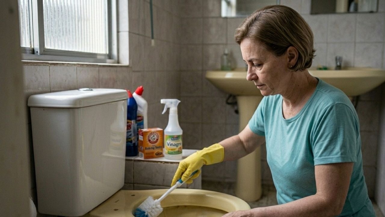 Mulher com luvas amarelas limpa vaso sanitário com escova, produtos de limpeza ao lado.