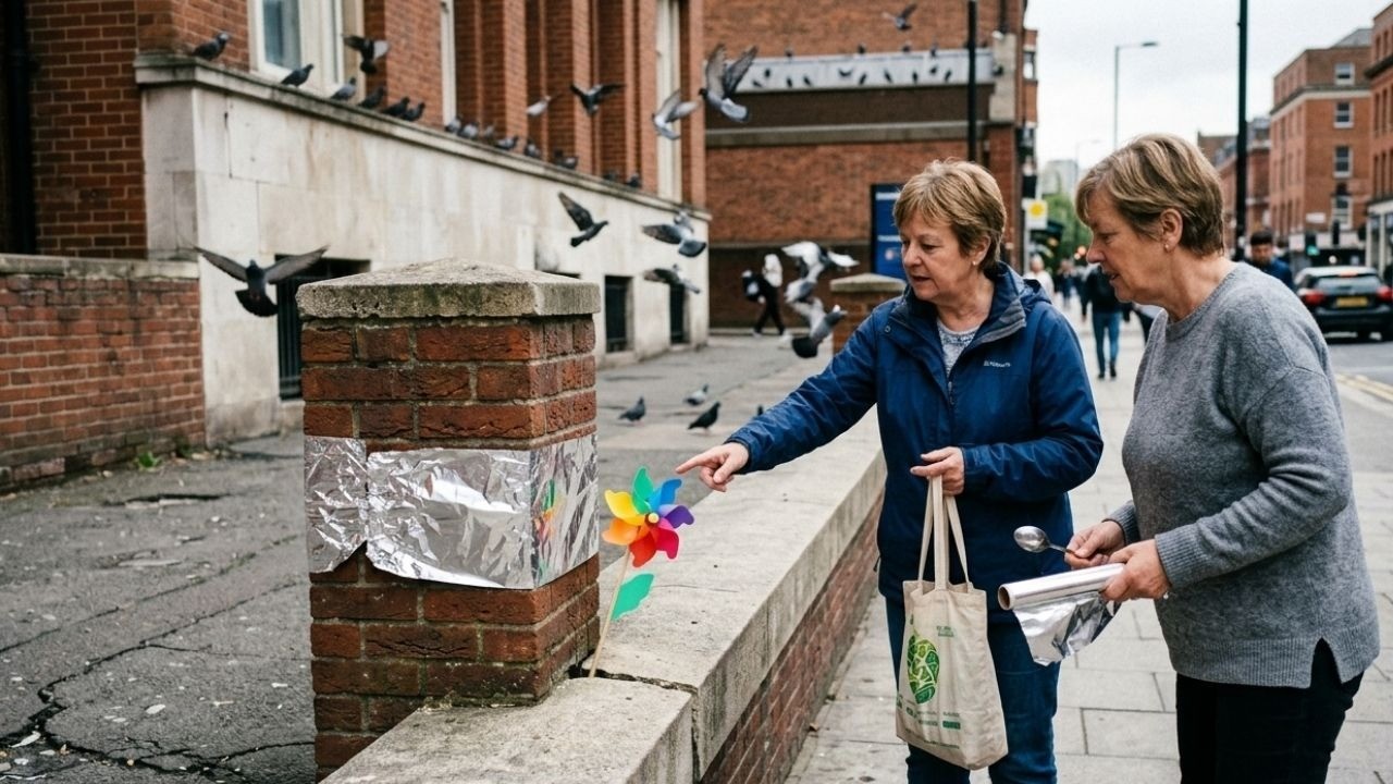 Duas mulheres usando papel alumínio e um catavento colorido para afastar pombos.