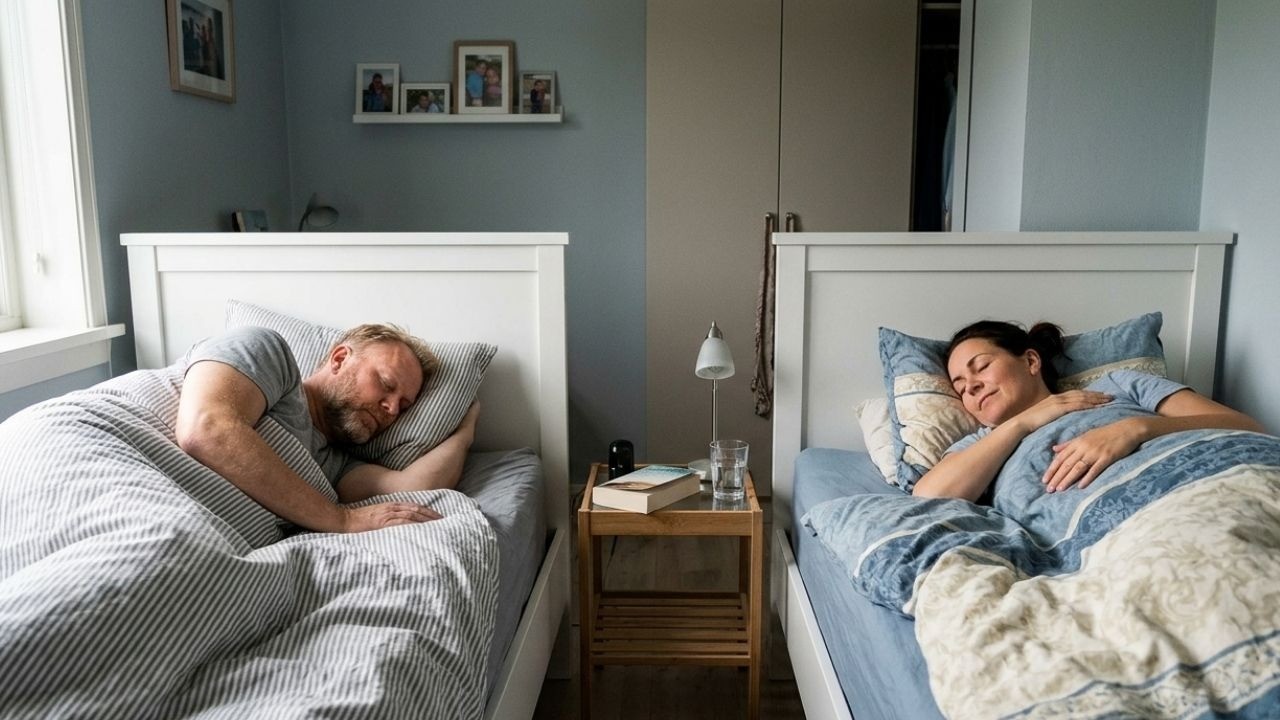 Homem e mulher dormem pacificamente em camas separadas, com uma mesa de cabeceira entre eles.