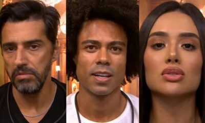 Três rostos de participantes do BBB: homem barbudo, homem crespo, mulher.