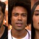 Três rostos de participantes do BBB: homem barbudo, homem crespo, mulher.