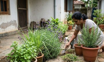 Mulher jardina com pá entre vasos de lavanda e alecrim em pátio.