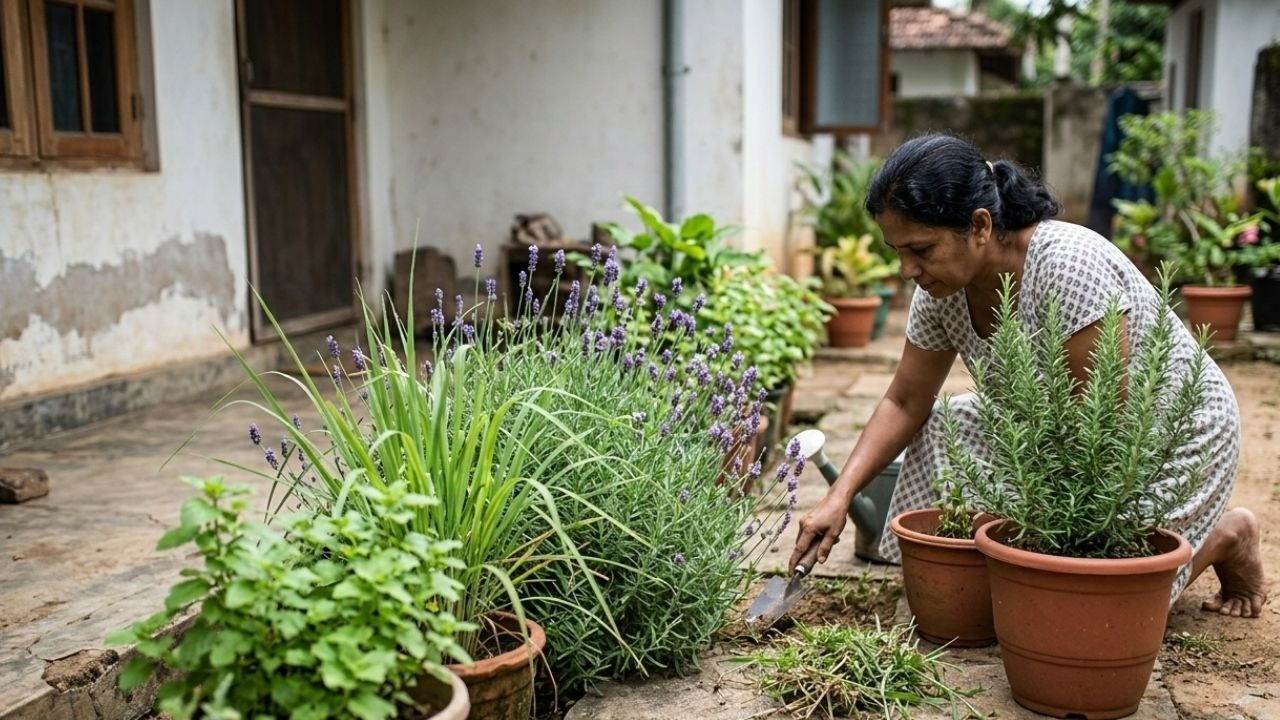 Mulher jardina com pá entre vasos de lavanda e alecrim em pátio.