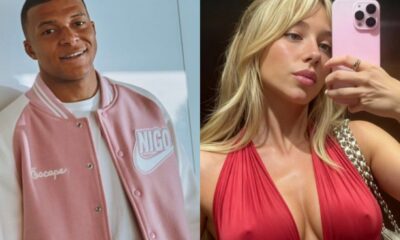 Kylian Mbappé sorrindo em jaqueta rosa; Ester Expósito em selfie com top vermelho.