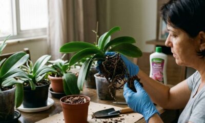 Mulher de luvas azuis repotando orquídea, com raízes expostas, substrato e fertilizante líquido.