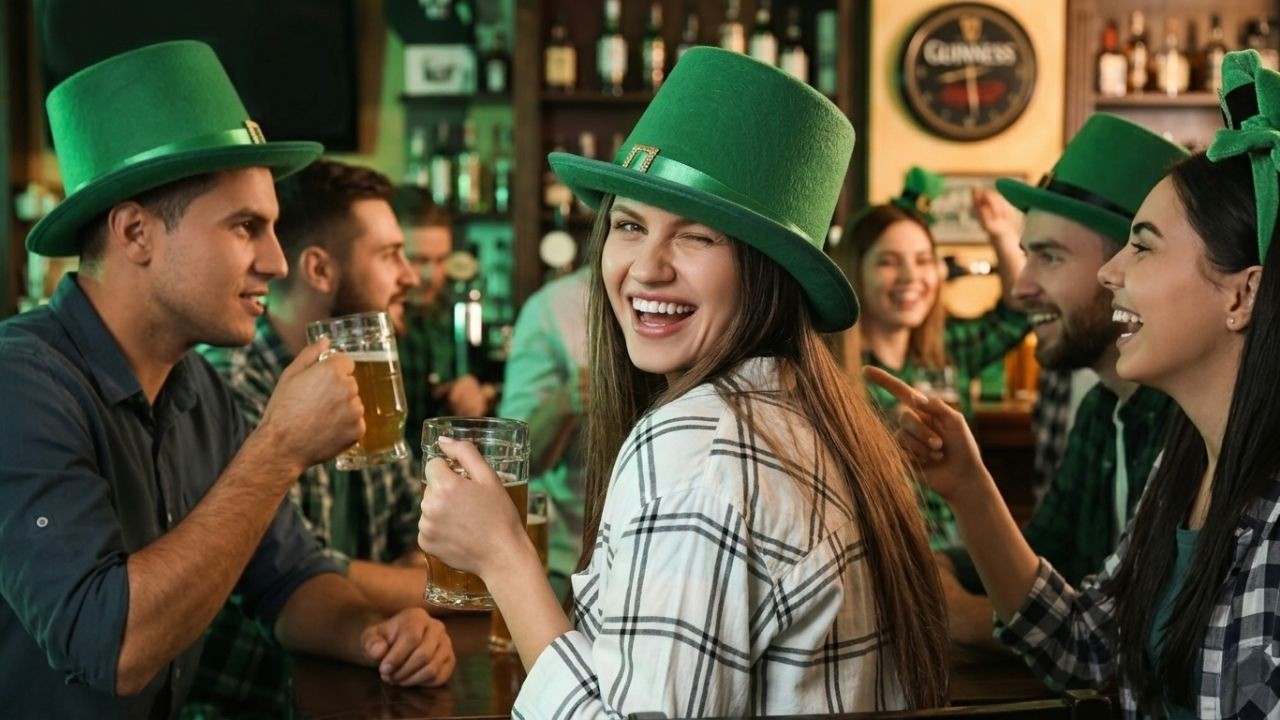 Jovens celebram no bar com chapéus e adereços verdes, segurando canecas de cerveja, sorrindo.