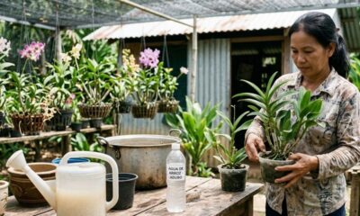 Mulher asiática cuida de orquídea, com garrafa de água de arroz na mesa de madeira.