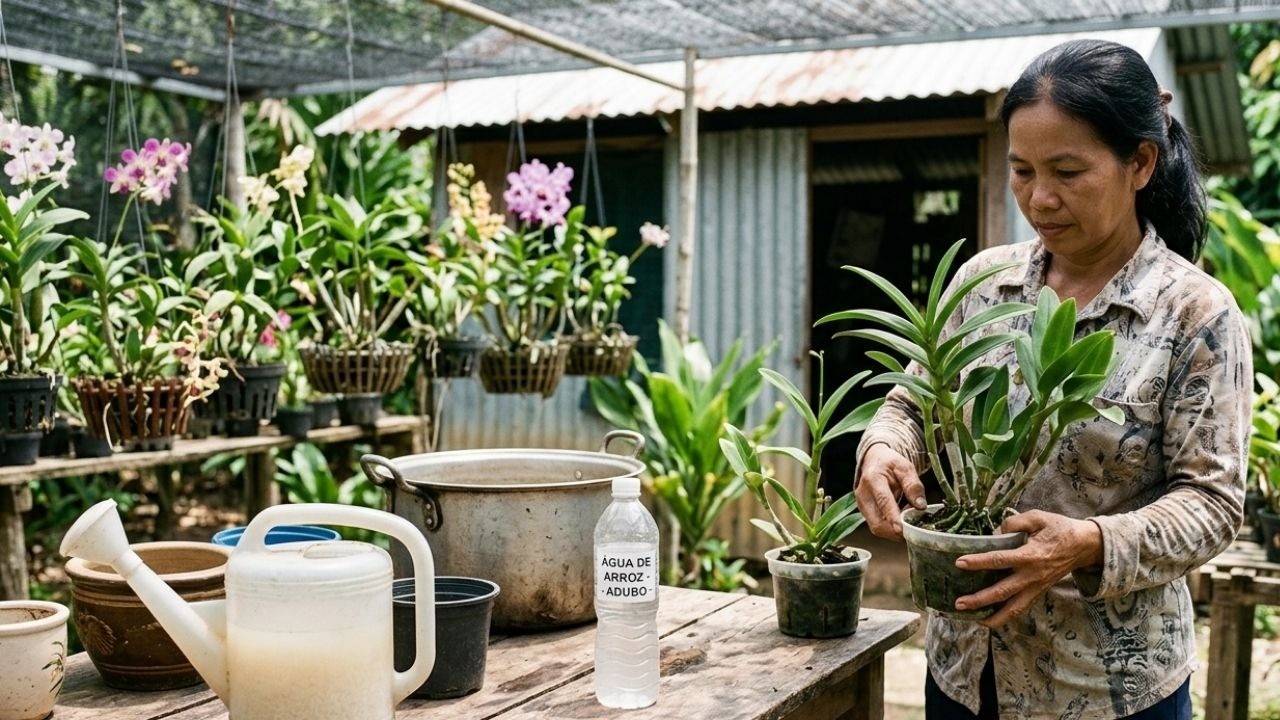 Mulher asiática cuida de orquídea, com garrafa de água de arroz na mesa de madeira.