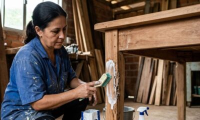 Mulher aplica pasta branca com escova em perna de mesa de madeira em oficina.