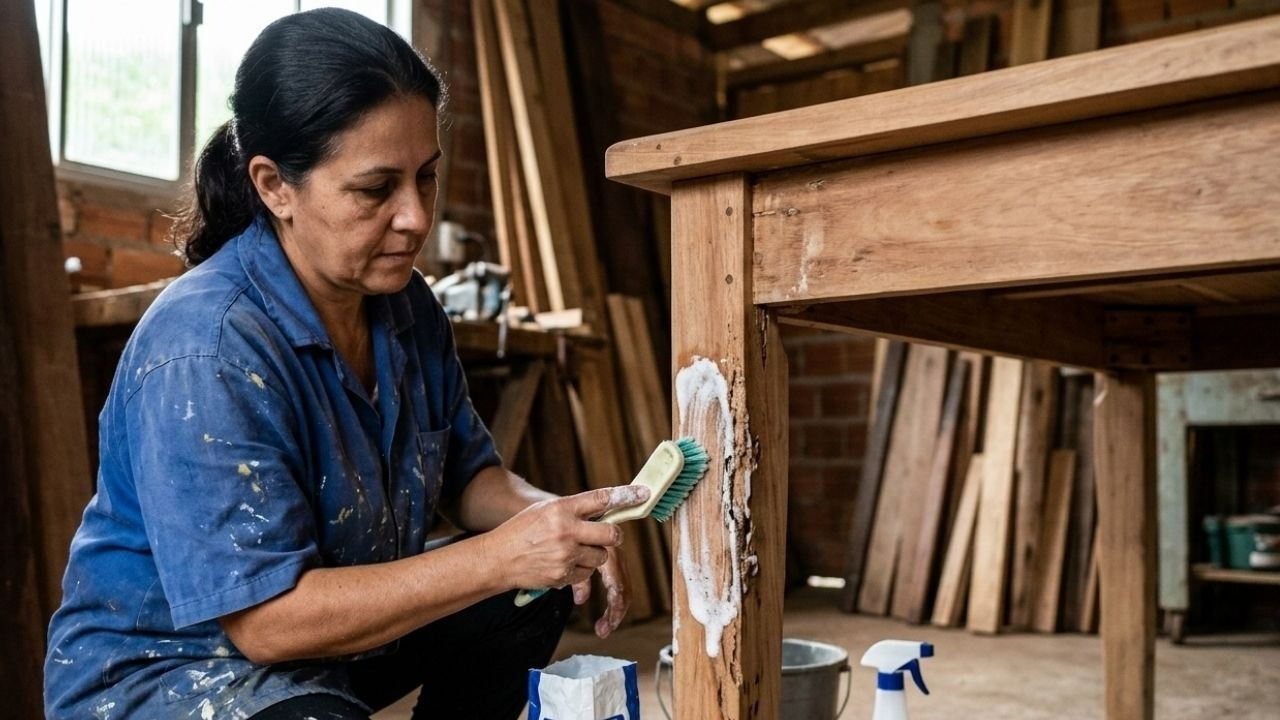 Mulher aplica pasta branca com escova em perna de mesa de madeira em oficina.