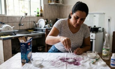 Mulher aplicando sal sobre mancha de vinho em tecido branco, com vinagre e álcool.