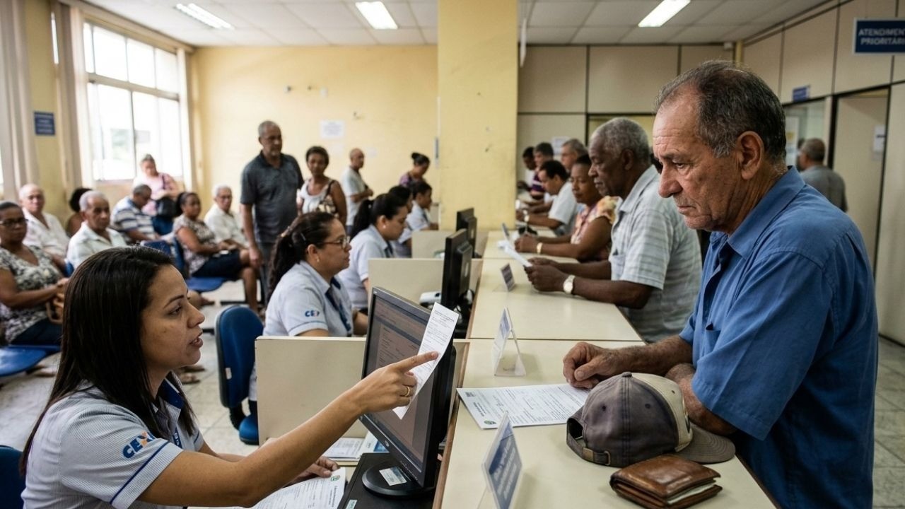 Mulher atendente em guichê aponta tela de computador para homem idoso, com outras pessoas aguardando.