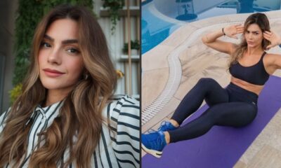 Kelly Key: retrato em camisa listrada e exercícios abdominais em colchonete roxo à beira da piscina.