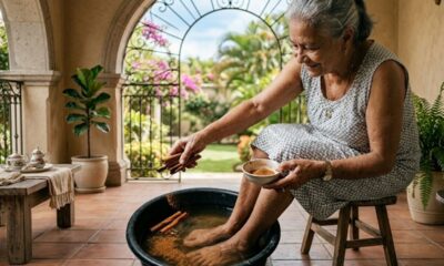 Mulher idosa sorrindo, adiciona canela em pó e paus de canela a um escalda-pés.