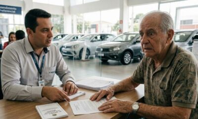 Dois homens em mesa de concessionária. Vendedor aponta documentos ao idoso com expressão surpresa.