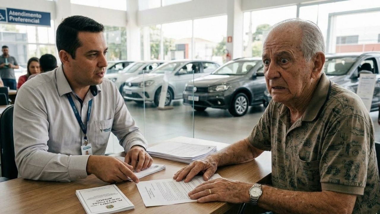 Dois homens em mesa de concessionária. Vendedor aponta documentos ao idoso com expressão surpresa.