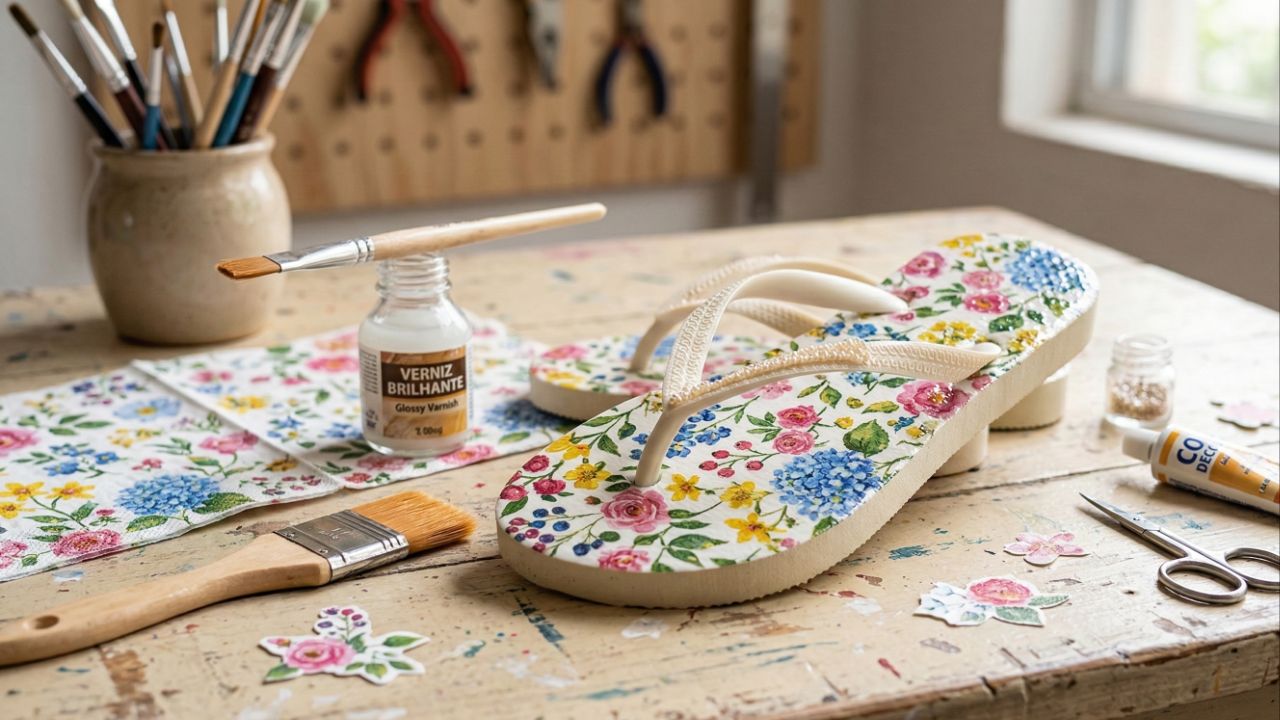Aprenda como fazer decoupage em chinelo com acabamento profissional e alta durabilidade