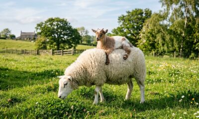 Cabrito resgatado adora passear nas costas de sua amiga ovelha e encanta fãs de animais