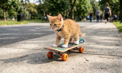 Essa gatinha aprendeu a andar de skate sozinha e encantou os amantes de animais