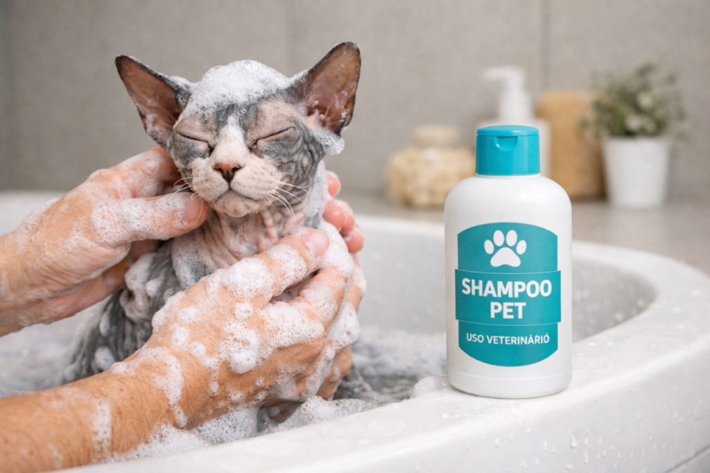 Esse gatinho sem pelo precisa ser “subornado” para sair do banho